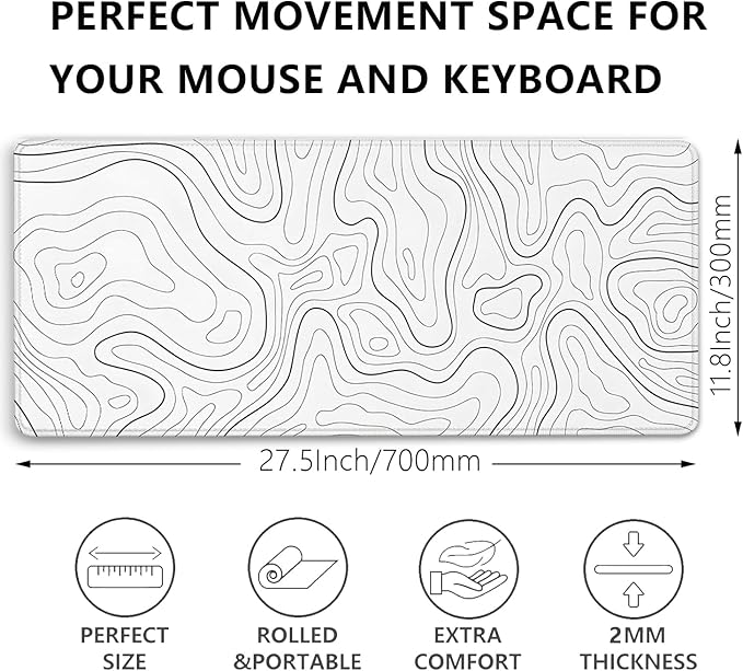 White Topographic Mouse Pad,Gaming Desk Pad with Stitched Edges Non-Slip Rubber Base Extended XL Mousepad Big Desk Mat for Office Home Work(27.5X11.8 Inch)