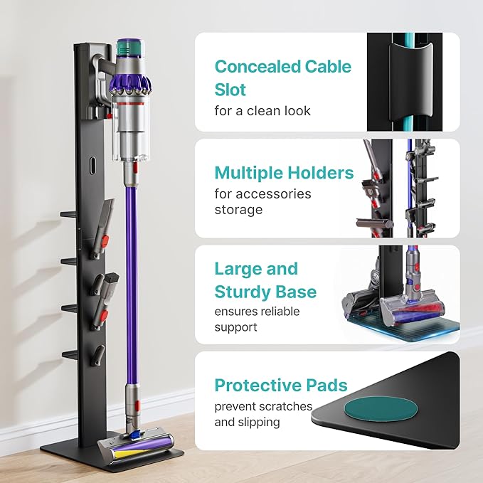 PEGZONE Vacuum Cleaner Stand, Compatible with Dyson Gen5 V15 V12 V11 V10 V9 V8 V7 V6, Floor Cordless Vacuums Attachment Holder with 4 Hooks and 4 Shelves, Metal Storage Bracket Organizer, Black