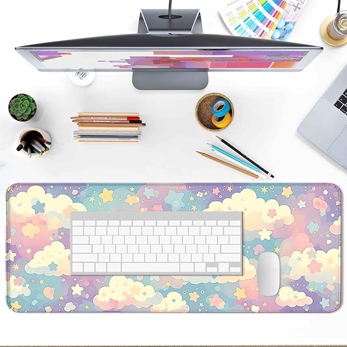 Cute Colorful Cloud and Star Desk Mat, Watercolor Pink Extended Large Gaming Mouse Pad, Computer Keyboard Laptop Girl Kawaii Mousepad for Work, Game, Office and Home, XL