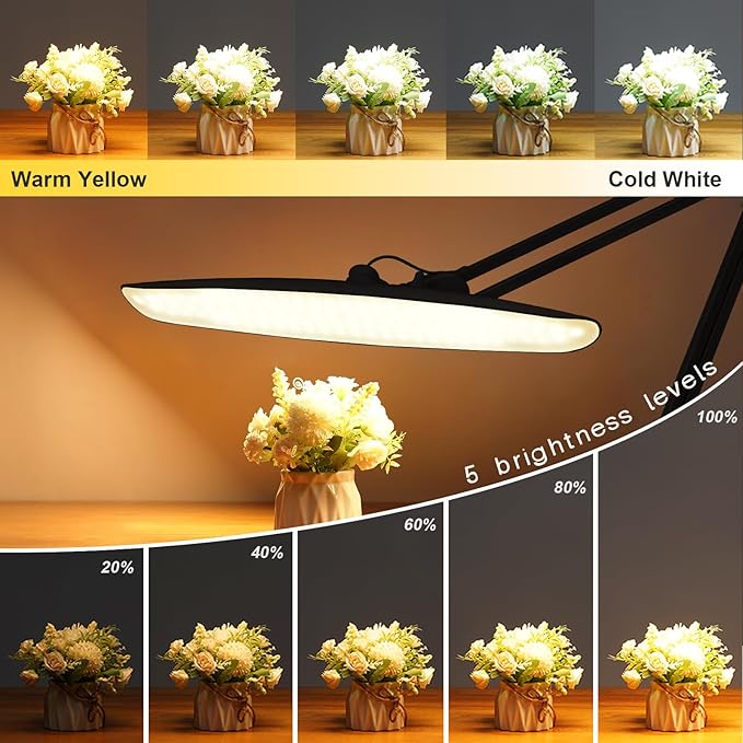 24W LED Desk Lamp with Clamp, 5 Dimming Modes, 5 Color temperatures up to 6000K, 2200 Lumens High Brightness Working Lamp with 182 Pcs LED(Black, CCT)