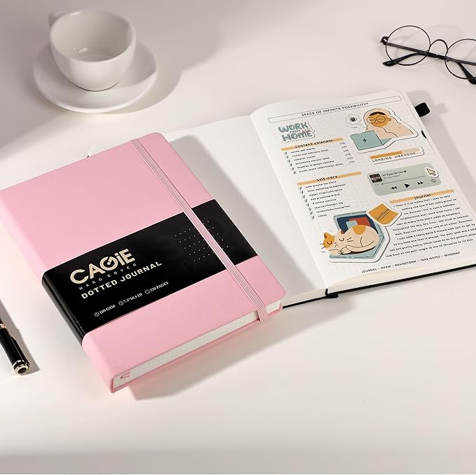 CAGIE Bullet Dotted Journal Notebook 320 Pages 100 GSM Paper Hardcover B5 Dot Grid Notebook Leather Journals for Writing Women Men Work Journaling, Pink