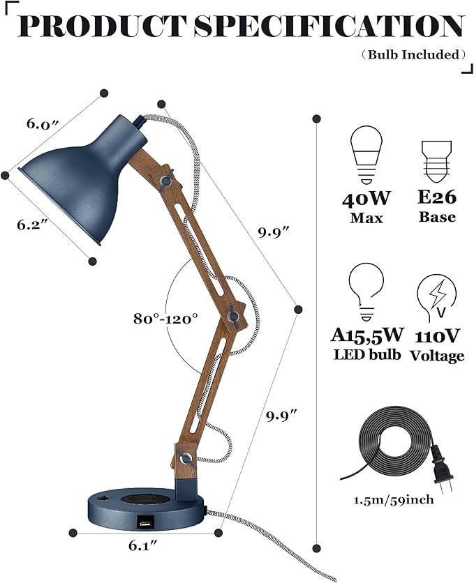 ELYONA Sapele Wood Desk Lamp with Upgraded Wireless Charger, Swing Arm Table Lamp with USB C Charging Port, Reading Task Light for Bedroom, Dorm, Office, Living Room, LED Bulb Include, Modern Blue