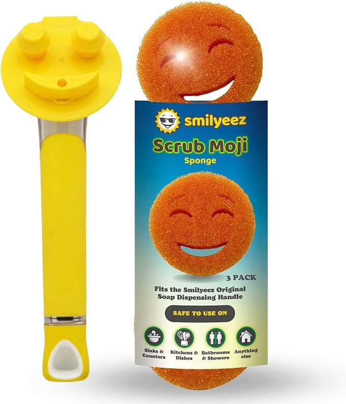 The Original Smiling Handle for Scrub Daddy (Reg. TM) Sponge and Scrub Moji Sponge - (Yellow Handle) & 3 Orange Scrub Moji's