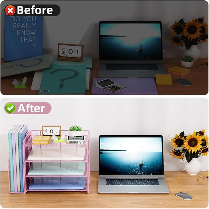 Marbrasse Desk Organizer and Accessories，4-Tier Paper Letter Tray Organizer with File Holder，Desk Accessories & Workspace Desktop Organizers for School Home Office Supplies (Pink)