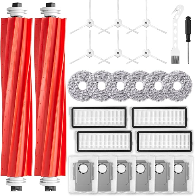 EOVWAEO 26 Pack Accessories for Roborock Qrevo S/Qrevo Pro/Qrevo Plus/Qrevo Maxv Vacuum Robot, Replacement 2 Main Brush 6 Mop Pads 6 Dust Bag 6 Sidebrush 4 Filter 1 Cleaning Brush 1 Screwdriver