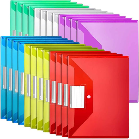 LEOBRO Plastic File Folders with Pocket, 24PCS Plastic Envelopes with Snap Closure, Folders for Documents, Reusable File Bags, A4 Size