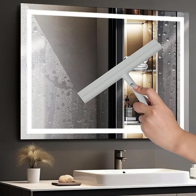 DEOFUXT Shower Squeegee for Glass Doors, Full Silicone Jacketed Squeegee with Ergonomic Handle & No-Drill Hook, Cleaning Tool for Windows, Mirrors, Tiles, Bathroom & Car - Grey