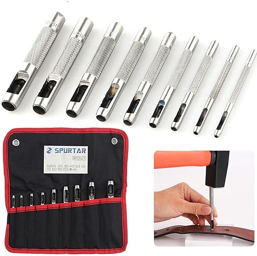 Spurtar 9 PCS Leather Hollow Round Hole Punch 3/32''-25/64'' Carbon Steel Heavy Duty Leather Hole Punch Set for Vinyl Gasket Watch Belt Canvas with Storage Bag