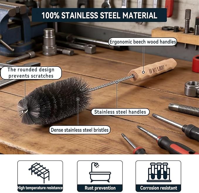 4pcs Household Pipe Cleaning Brush Set with Stainless Steel Bristles, 17 in Extra Long Stainless Steel Handle, Kitchen Scrub Cleaning Brushes, Lab Brushes for Auto Parts, Machinery, Water Pumps, Etc.