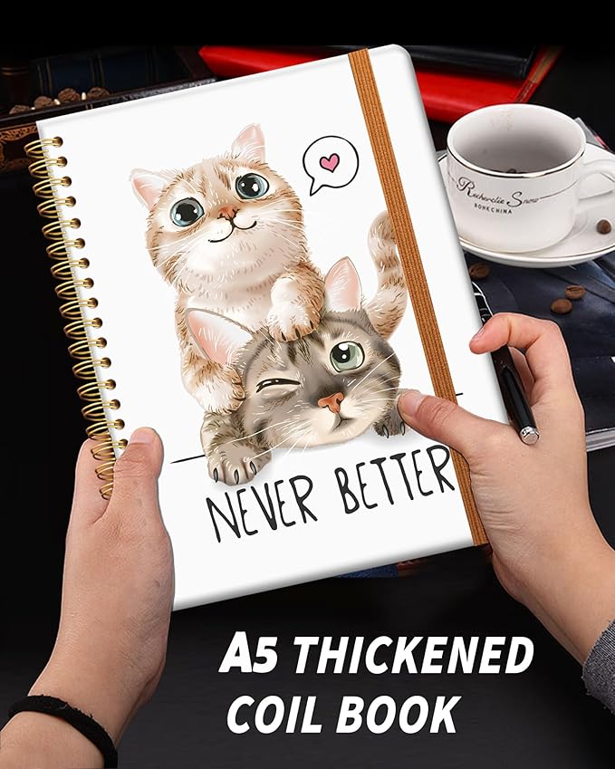 Ruled Spiral Writing Notebook,A5 Hardcover Lined College Journal for Women Lady Girl,Strong Twin-Wire Binding with Premium Paper,8.4" X 6",Perfect for School,Office,Home Gifts(cute cats)