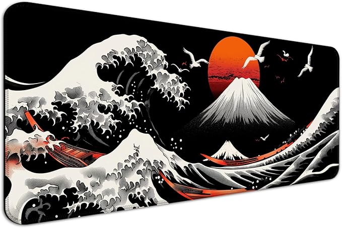 Japan Great Wave Kanagawa and Mount Fuji Gaming Mouse Pad, Extended Large Desk Mat, Computer Keyboard Laptop Mousepad for Work, Office and Home, XL, Black