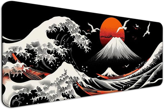 Japan Great Wave Kanagawa and Mount Fuji Gaming Mouse Pad, Extended Large Desk Mat, Computer Keyboard Laptop Mousepad for Work, Office and Home, XL, Black