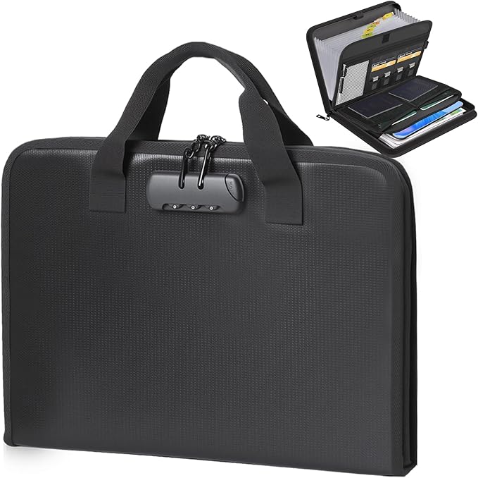 Accordion File Organizer with Combination Lock,Fireproof Expanding File Folder with Multi Pockets,13 Pockets Document Organizer with Handle & Labels,Portable Home Travel Safe Storage Letter A4 Files