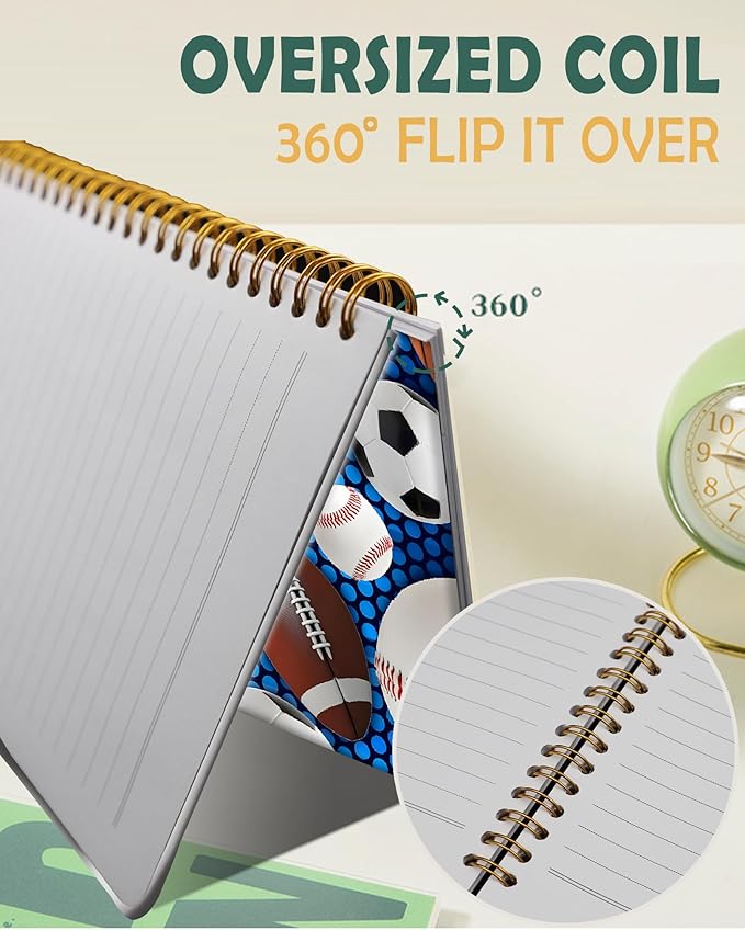 Ruled Spiral Writing Notebook,A5 Hardcover Lined College Journal for Women,Strong Twin-Wire Binding with Premium Paper,8.4" X 6",Perfect for School,Office,Home(Sport Baseball Football)