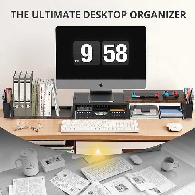 Desk Dual Monitor Stand Riser - Desk Organizer with Drawer and Pen Holders, Office Desk Accessories & Workspace Organization, Computer Monitor Stand for Laptop, Printer, TV, Office Decor, Wood