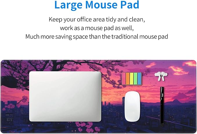 Sakura City Sunset Large Mouse Pad, Anime Style Gaming Desk Mat, XL Keyboard Desk Pad Mat for Desktop, 31.5"x11.8" Non-Slip Base Big Mousepad with Stitched Edges