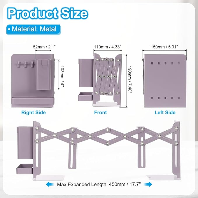 PATIKIL Adjustable Book Ends, 7.5" Tall Heavy Duty Metal Adjustable Bookends Book Holders Organizer with Removable Pen Holder Tray and 3 Hook-up for Heavy Books Desk Office Home, Purple