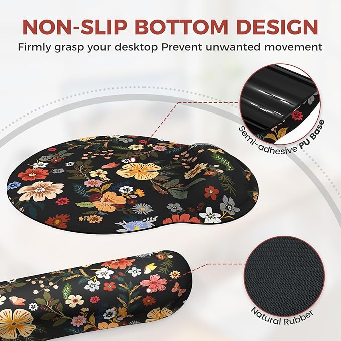 iCasso Desk Cover Mat, 4in1 Floral Large Mouse Pad with Wrist Rest, Desk Matt for Desktop, Anti-Slip XXL Big Computer Ergonomic Mousepad with Wrist Support for Keyboard and Mouse (Flowers)