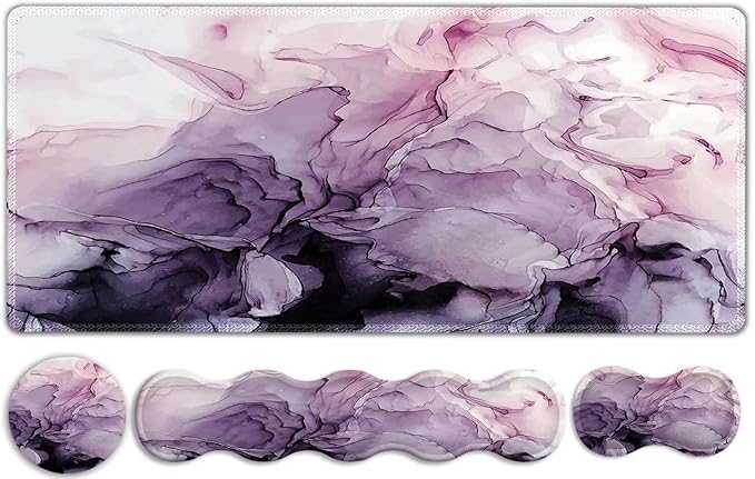 Gaming Mouse Pad Keyboard Wrist Support, 4 in1 Mousepad Set with Wrist Keyboard Rest, Computer Desk Mat, Non-Slip Desk Pad Protector with Memory Foam Easy Typing Pain Relief I Purple Marble