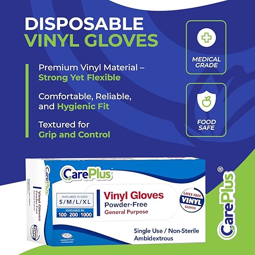 CARE PLUS Vinyl Gloves Clear Large Size 100 Count | Heavy Duty, Non-Sterile, Powder-Free, Latex-Free Rubber | Food Prep, Kitchen & Cleaning Gloves, Ideal for Professional Use