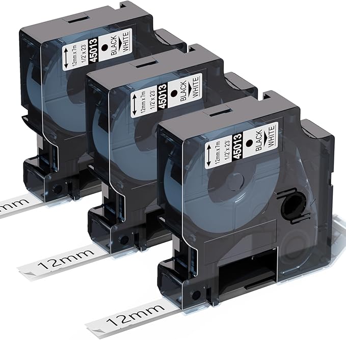 Label KINGDOM a45013 Refills Compatible with Dymo D1 45013 S0720530s Label Tape 1/2 Inch x 23 Feet Black on White Label Maker Tape for LabelManager 160 210D 420P PnP 360D 210D, 3 Pack