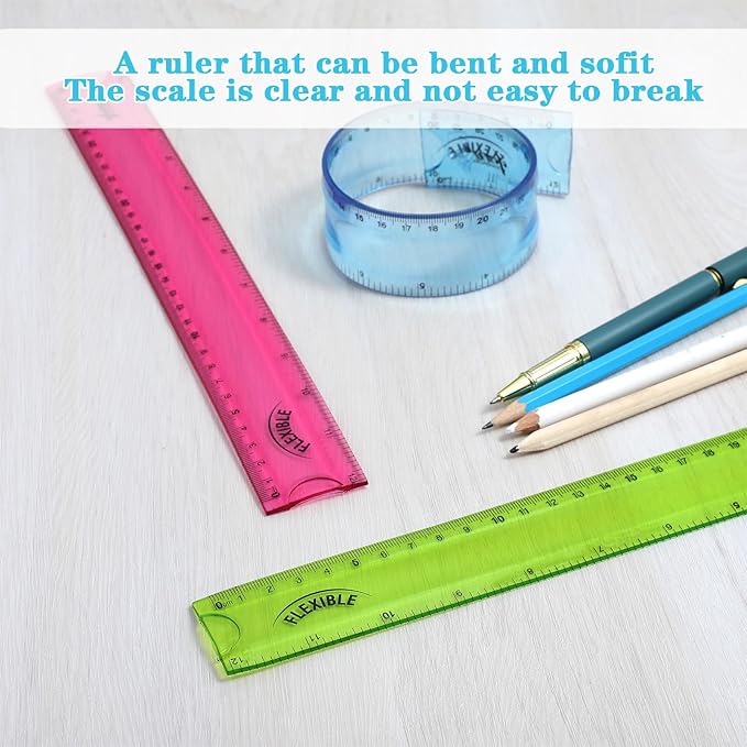 Grevosea 3 PCS Flexible Ruler, 12 Inch Clear Plastic Ruler Soft Bendable Rulers with Centimeters and Inches for Kids and Adults School Classroom Office Supplies (Rose, Green, Blue)