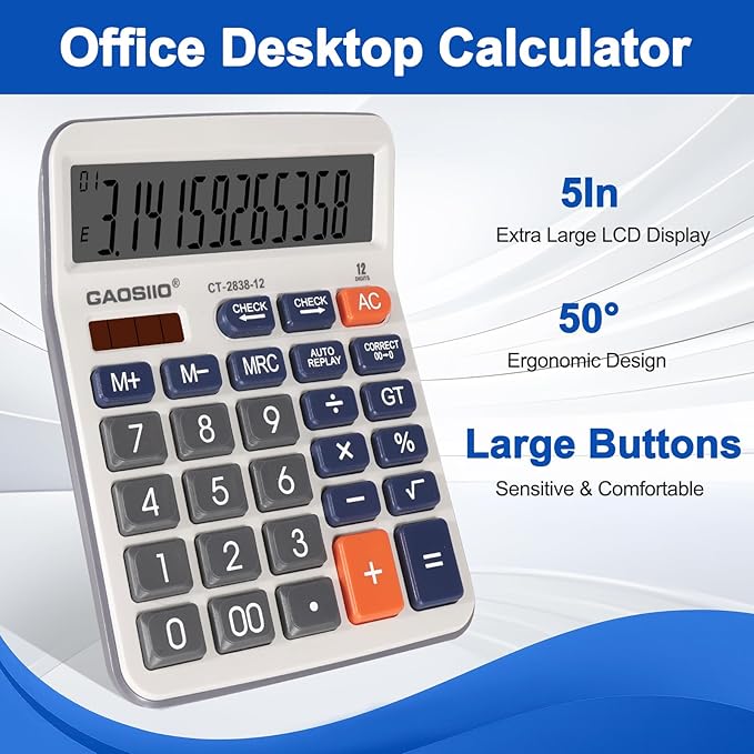 Desktop Calculator, Extra Large 5 Inch LCD Display, Desk Calculator, 12 Digits, Calculators with Big Buttons, Solar and AAA Battery Dual Power,Office Calculators for Business School Home (Blue)