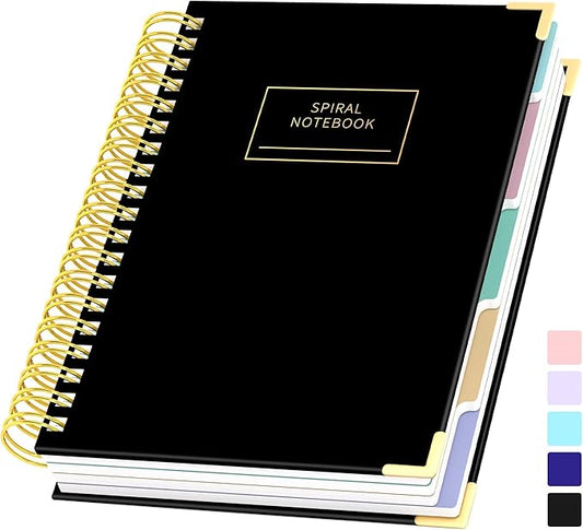 Yoment Hardcover Spiral Notebooks for Work School, B5 Journal Notebook with Tabs Dividers, Multi 5 Subject Notebook College Ruled, 240 Pages Lined Journal for Men, Back to School, Gifts, Black