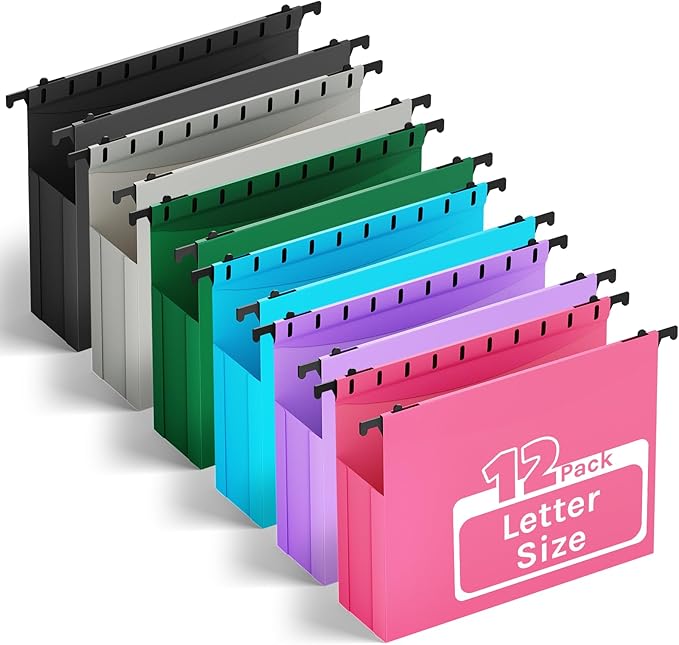 Ansook Plastic Hanging File Folders Letter Size,Upgrade 2" Extra Capacity Expanding Hanging Folders with Tabs,12 Pack Reinforce File Cabinet Folders,Heavy Duty Color Hanging Organizer for Bulky Files