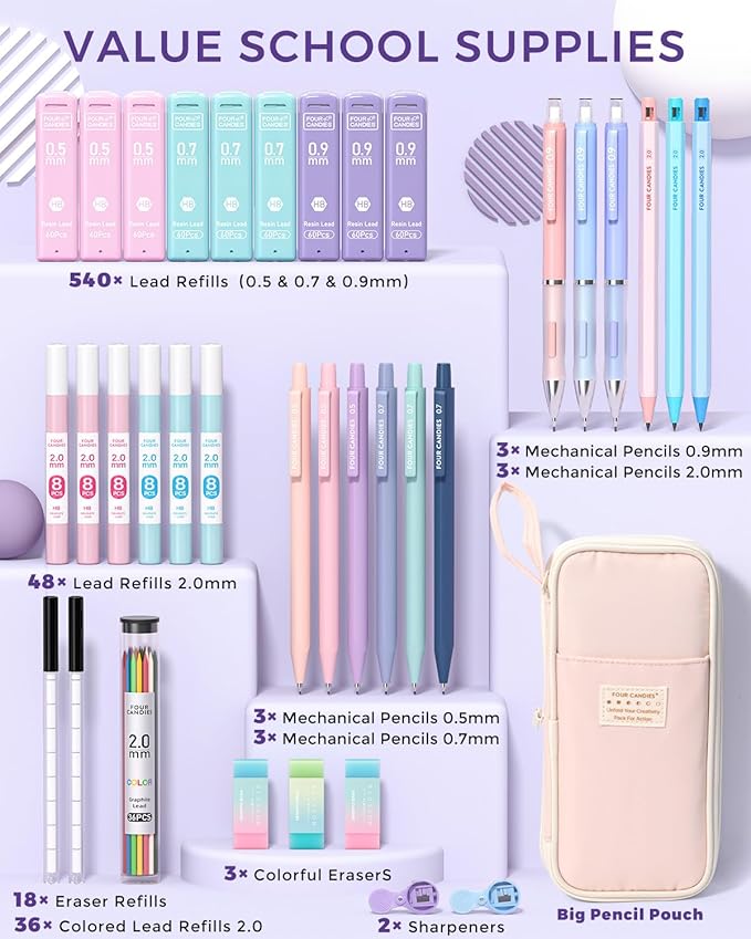 Four Candies 36PCS Aesthetic School Supplies, Mechanical Pencils 0.5mm, 0.7mm, 0.9mm & 2.0mm with 624PCS Lead Refills, Cute Mechanical Pencils for Writing, Drawing & Drafting (Pink)