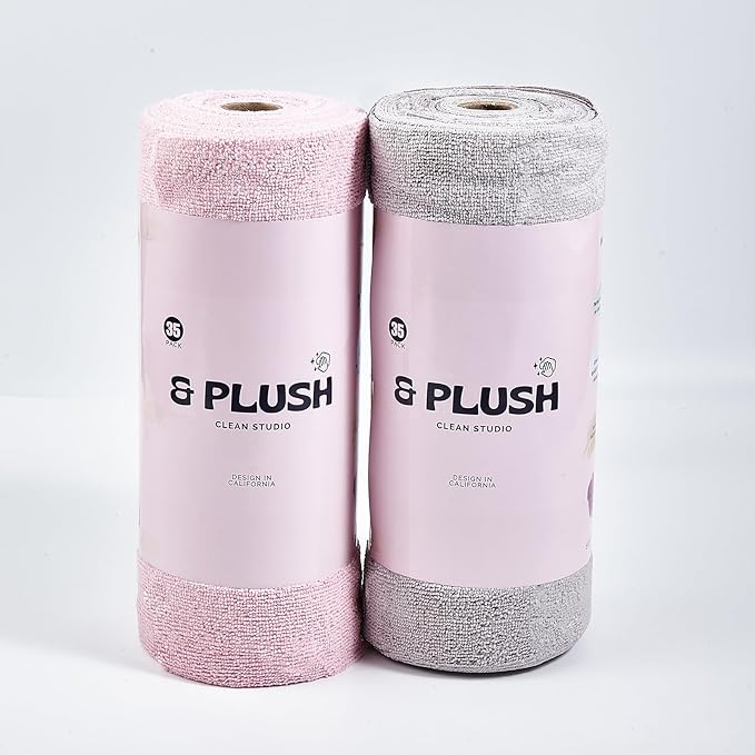 Microfiber Cleaning Cloth Roll - 70 Pack, Tear Away Microfiber Towels, 12" x 12", Reusable, Washable, Streak Free, Ultra Absorbent Dish Rags for Car, Home, Garage or Shop (Grey and Pink)