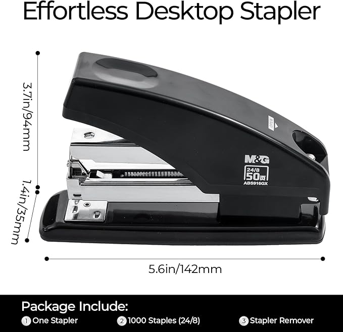 M&G Effortless Stapler for Desk, 50 Sheet Capacity, Heavy Duty Desktop Stapler with 1000 Staples & Staple Remover, One Finger Touch, Good for Office Home School, Black