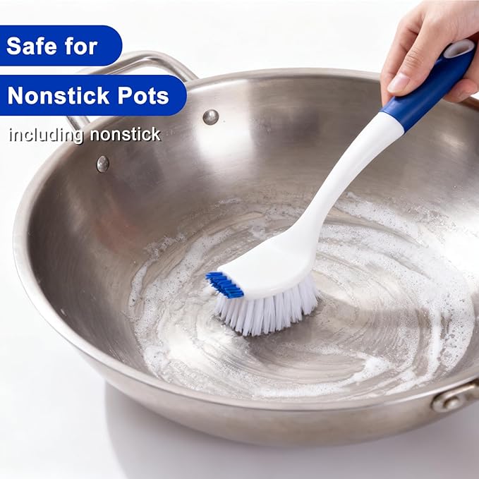 Heavy Duty 2 Pack Dish Scrub Brush with Handle BITOPE Kitchen Cleaning Scrubber with Stiff Bristle Scraper for Washing Sink Dishes Bottle Cup Pot Pan Cookware