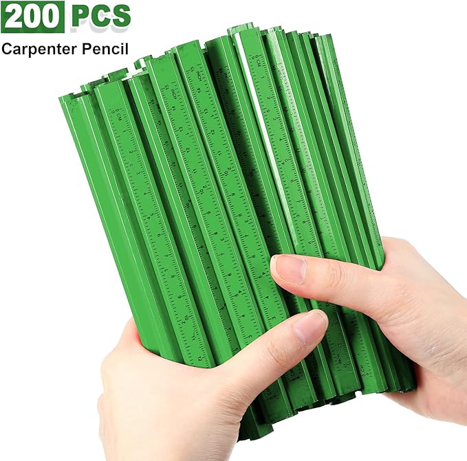 Honoson 200 Pcs Flat Construction Pencils with Printed Ruler Wood Graphite 2 Pcs Carpenter Pencil Sharpener for Woodworking Marking Tool(Green)