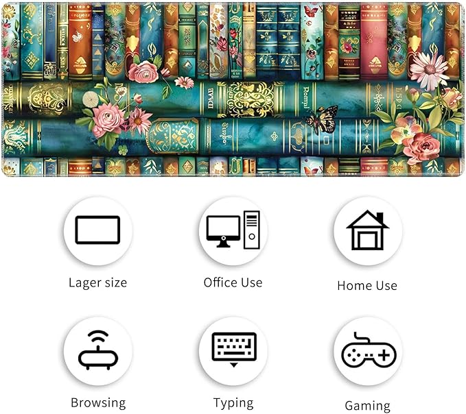 Desk Mat XL Mouse Pad + Coaster, Large Gaming Mouse Pad (31.5x11.8 inch) with Stitched Edges, Extended Mouse Mat Keybroad Mousepad Non-Slip Rubber for Gamer Men Women, Magic Books Flowers