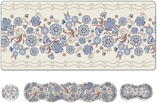 Desk Mat Gaming Mouse Pad, Cute Desk Matt Keyboard Wrist Rest for Desktop, Anti-Slip Big Mousepad Stitched Edges, XXL Large Mouse Pad with Wrist Support for Home Office I Vintage Blue Flower