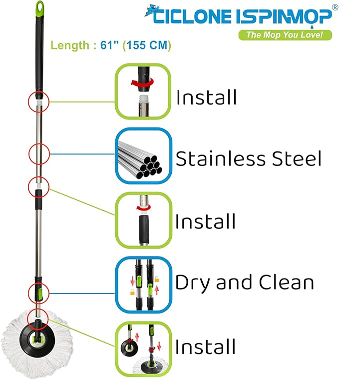 Spinning Mop and Bucket with Wringer Set for Home - 360 Spin Mop with Adjustable Handle & Bucket with Wheels - 1 Microfiber Mop Head - Mop and Bucket Set for Floor Cleaning at Home, Office, Hotel