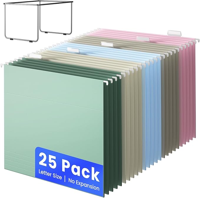 Hanging File Folders Letter Size, Metal File Frame with 25 Pcs Colored Hanging File Folders, No Extension 1/5-Cut Tabs File Organizer Includes Hanging Folders for Desk Office Filing Cabinet