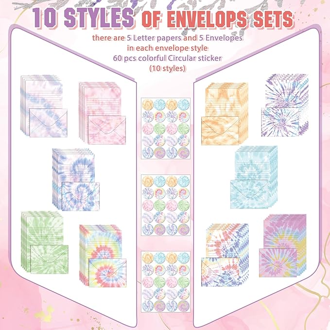 TaoBary 160 Pcs Stationery Paper Set 50 Double Sided Stationery Papers with 50 Matching Envelopes and 60 Round Dot Sticker, 10 Design(Tie Dye,5.5 x 8.25 Inch)