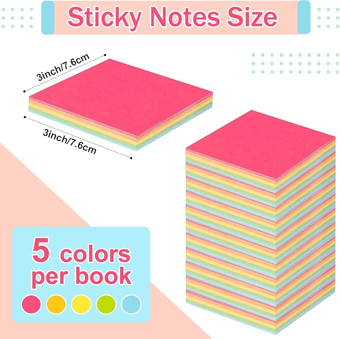 Thenshop 24 Packs Sticky Notes 3x3 Bulk Gradient Colorful Self Stick Note Pads Paper Memo for Office School Notebook Supplies 50 Sheets Pad(Bright Color)