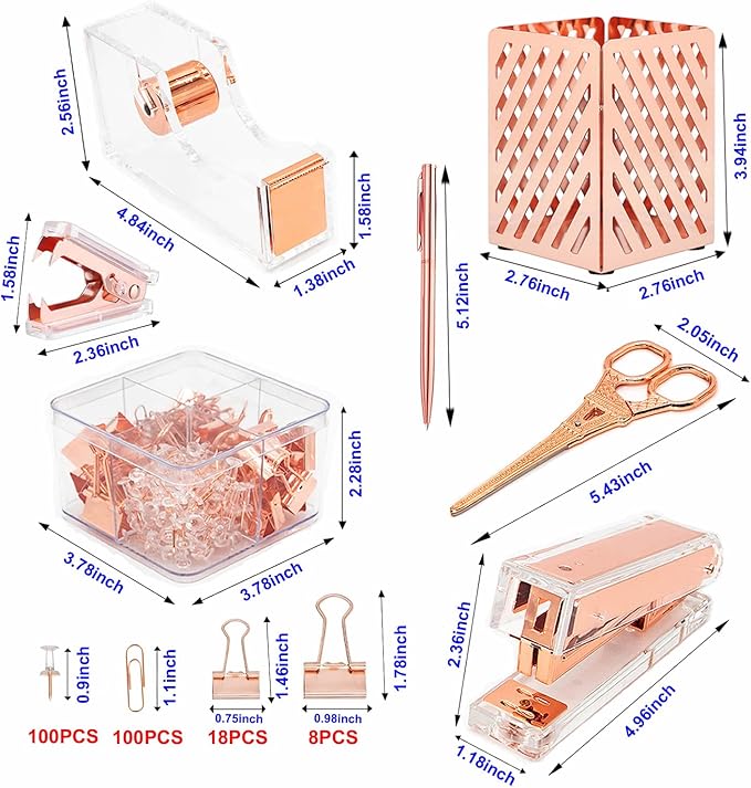 Rosegold Office Supplies Set,Package Contains Stapler,Tape Dispenser,Staple Remover,Scissors,Pen,Pen Holder,Binder Clips,Paper Clips,Push Pins and 1000pcs Staples