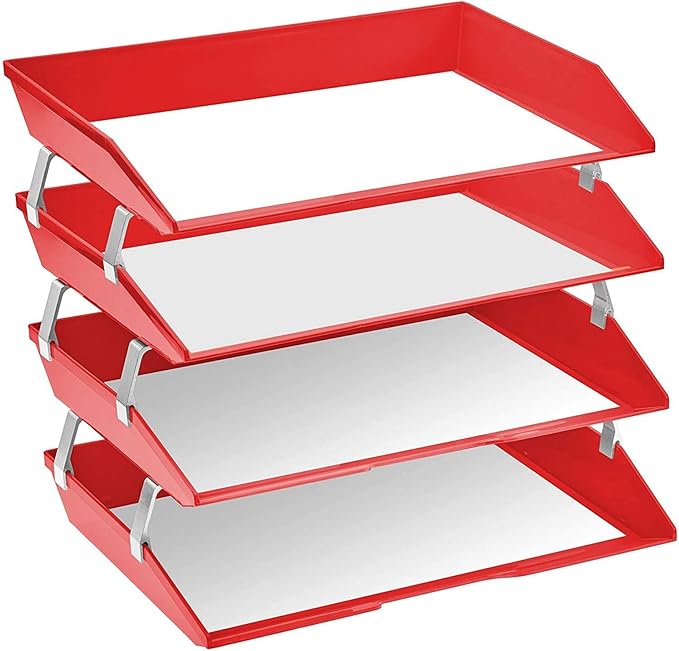 Acrimet Facility 4 Tier Letter Tray, Side Load, Letter Size/A4, Desktop File Organizer, Plastic (Solid Red)