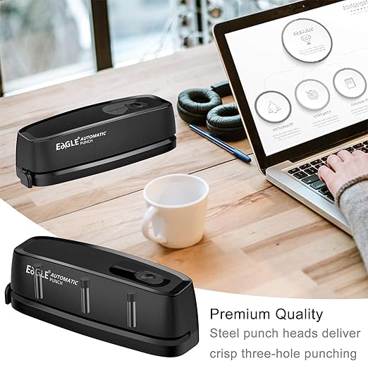 Electric Hole Punch, Eagle Desktop 3 Hole Puncher Force-Saving, 20-Sheet Capacity, AC or Battery Operated Paper Punch 3 Ring, Effortless Hole Puncher for Paper, Home and Office Supplies, Black