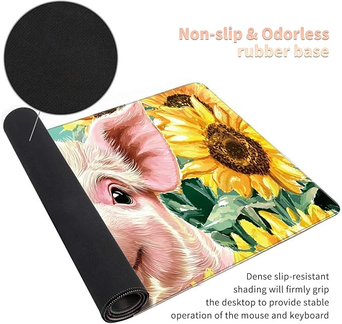 Desk Mat Large Gaming Mouse Pad (31.5x11.8 inch) with Stitched Edges, XL Mouse Pad +Coaster, Extended Mouse Mat Keybroad Mousepad Non-Slip Rubber for Gamer Men Women, Pig Sunflowers