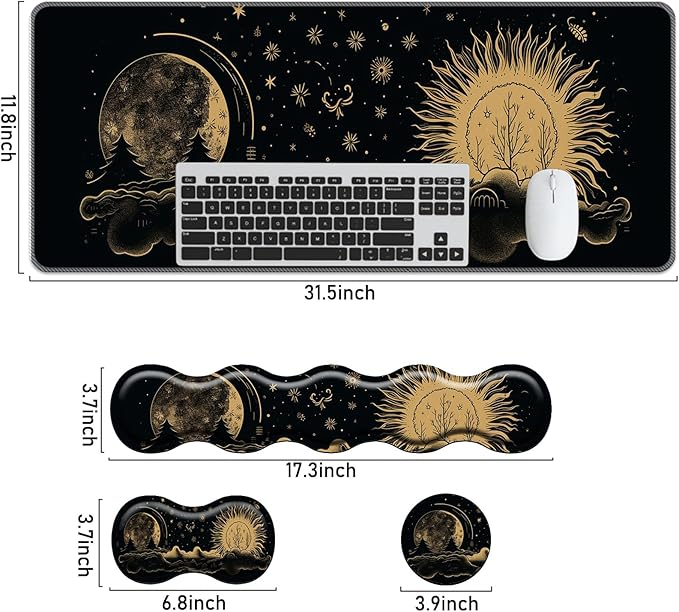 Keyboard Mouse Pad Set,Large Mouse Pad+Keyboard Wrist Rest+Wrist Support+Coaster,31.5x11.8in Extended Desk Mat for Computer Laptop Office Home-Sun and Moon