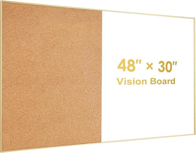 ARCOBIS Cork Board White Board Combo, Bulletin Board-Gold Frame, Magnetic Dry Erase Board & Corkboard for Wall, Vision Board for Home, Office, School (Gold, 48 x 30)