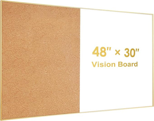 ARCOBIS Cork Board White Board Combo, Bulletin Board-Gold Frame, Magnetic Dry Erase Board & Corkboard for Wall, Vision Board for Home, Office, School (Gold, 48 x 30)