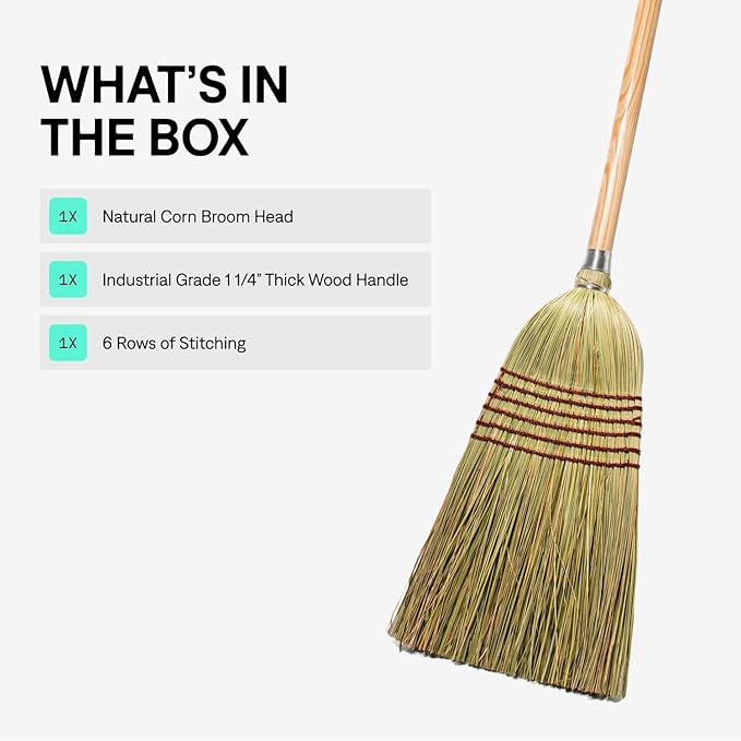 Tidy Tools Corn Broom with Wood Handle Heavy Duty Indoor Outdoor Broom (1 1/4 Inch Handle)