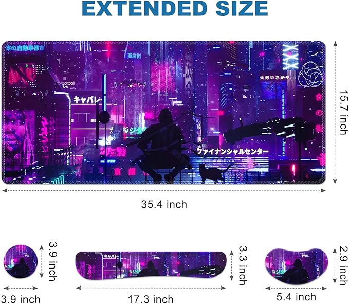 Anime Neon Large Mouse Pad and Keyboard Wrist Rest,Purple Extended Mouse Pad with Wrist Support Ergonomic, Non-Slip Desk Mat, Desk Protector Blotter for Home Office, Warrior Cat