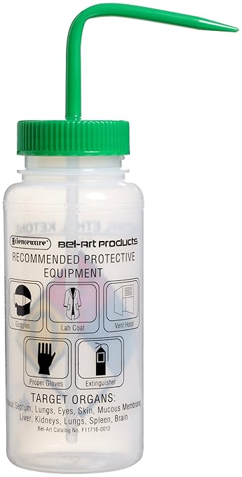 SP Bel-Art Safety-Labeled 4-Color Methyl Ethyl Ketone Wide-Mouth Wash Bottles; 500ml (16oz), Polyethylene w/Green Polypropylene Cap (Pack of 4) (F11716-0012)